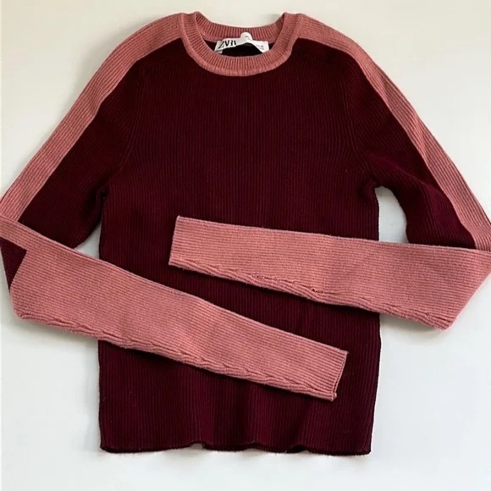 Zara Pink Maroon Block Ribbed Crew Sweater
